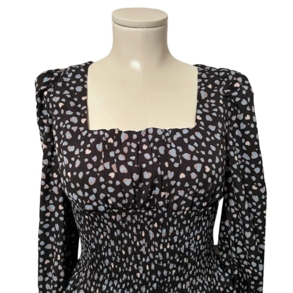 Cottagecore puff sleeve tiered tiny hearts leopard print smocked waist dress S, - Picture 4 of 6